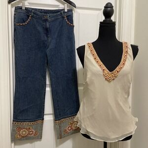 Vintage NWT Cache Beaded Set Y2K Coastal Resort Beachy Boho Jeans Sz 8 Tank L